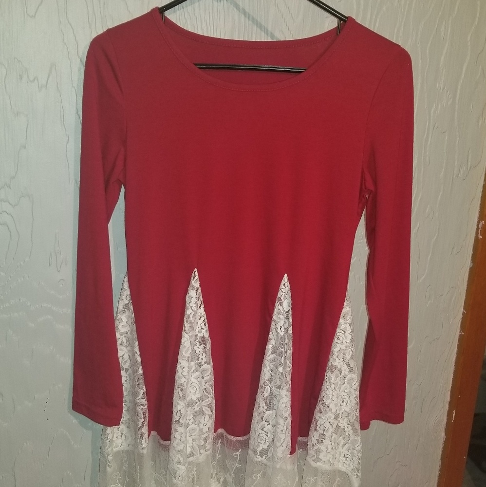 Red and white lace bottom shirt